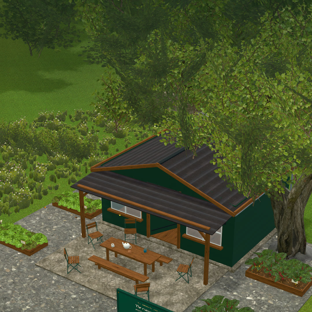 The community shed with a table, chairs and tea